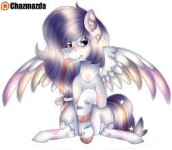 Size: 3740x3257 | Tagged: safe, artist:chazmazda, derpibooru import, oc, pony, bandaid, clothes, coat markings, commission, commissions open, cute, eye shine, feather, fullbody, highlight, hooves, photo, rainbow, shade, shine, simple background, socks, solo, stars, tongue out, transparent background