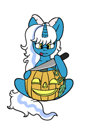 Size: 581x804 | Tagged: safe, artist:polteradopts, derpibooru import, oc, oc:fleurbelle, alicorn, alicorn oc, bow, female, golden eyes, hair bow, halloween, holiday, horn, knife, mare, pumpkin, simple background, transparent background, wings