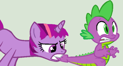 Size: 600x321 | Tagged: safe, derpibooru import, spike, twilight sparkle, unicorn twilight, dragon, pony, unicorn, abuse, biting, spikeabuse, tail bite