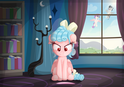 Size: 4083x2868 | Tagged: safe, artist:vito, cozy glow, princess flurry heart, rumble, pegasus, pony, fanfic:the once and the future princess, a better ending for cozy, angry, book, canterlot, cover art, fanfic art, fanfic cover, feather, luna's room, window