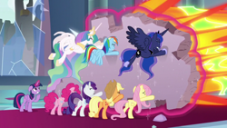 Size: 1920x1080 | Tagged: safe, derpibooru import, screencap, applejack, fluttershy, pinkie pie, princess celestia, princess luna, rainbow dash, rarity, twilight sparkle, twilight sparkle (alicorn), alicorn, earth pony, pegasus, pony, unicorn, the ending of the end, butt, mane six, plot