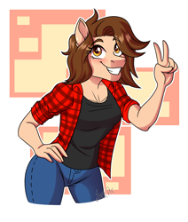 Size: 2800x3300 | Tagged: safe, artist:jack-pie, derpibooru import, oc, oc only, anthro, clothes, female, gift art, high res, pants, simple background, smiling, solo, transparent background