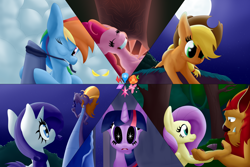 Size: 6000x4000 | Tagged: safe, artist:thebadgrinch, derpibooru import, applejack, fluttershy, pinkie pie, rainbow dash, rarity, steven magnet, twilight sparkle, earth pony, manticore, pegasus, pony, unicorn, friendship is magic, absurd resolution, castle of the royal pony sisters, element of generosity, element of honesty, element of kindness, element of laughter, element of loyalty, element of magic, elements of harmony, everfree forest, female, fog, glowing eyes, mlp fim's tenth anniversary, moon, scene interpretation, sky, stars, tree