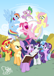 Size: 595x842 | Tagged: safe, artist:dm29, derpibooru import, applejack, fluttershy, pinkie pie, rainbow dash, rarity, spike, starlight glimmer, sunset shimmer, trixie, twilight sparkle, alicorn, dragon, earth pony, pegasus, pony, unicorn, equestria girls, anniversary, book, cute, magic, mane seven, mane six, mlp fim's tenth anniversary, open mouth, ponyville, rainbow, telekinesis, winged spike