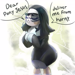 Size: 4096x4096 | Tagged: safe, artist:fiyawerks, derpibooru import, oc, oc:mama chubs, earth pony, pony, cute, dialogue, earth pony oc, eyes closed, funny, glasses, horny, meme, nose piercing, nun, piercing, pony jesus, praying, simple background