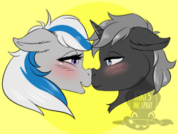 Size: 2760x2070 | Tagged: safe, artist:kikisinkspray, derpibooru import, oc, oc only, oc:lady lightning strike, oc:the ghost, pegasus, pony, unicorn, blushing, boop, duo, looking at each other, romantic, simple background