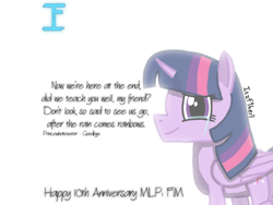 Size: 1200x900 | Tagged: safe, artist:itzf1ker1, derpibooru import, twilight sparkle, twilight sparkle (alicorn), alicorn, pony, anniversary, bittersweet, happy birthday mlp:fim, mlp fim's tenth anniversary, simple background, solo, white background