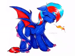 Size: 2895x2172 | Tagged: safe, artist:liaaqila, derpibooru exclusive, derpibooru import, oc, oc only, oc:centreus feathers, dracony, dragon, hybrid, original species, pony, commission, cute, fangs, female, fire, fire breath, mare, signature, simple background, solo, traditional art, white background