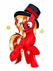 Size: 2322x3126 | Tagged: safe, artist:liaaqila, derpibooru exclusive, derpibooru import, oc, oc only, oc:cherry spirit, earth pony, pony, commission, cute, cutie mark, female, hat, magician, mare, mouth hold, raised hoof, signature, simple background, solo, stars, tophat, traditional art, wand, white background