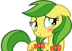 Size: 1161x825 | Tagged: safe, artist:nano23823, derpibooru import, apple fritter, earth pony, pony, .svg available, apple family member, blushing, bow, eyelashes, female, hair bow, mare, simple background, smiling, solo, svg, transparent background, vector