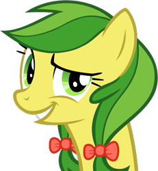 Size: 545x591 | Tagged: safe, artist:nano23823, derpibooru import, apple fritter, earth pony, pony, .svg available, apple family member, bow, bust, dreamworks face, female, grin, hair bow, mare, simple background, smiling, smirk, solo, svg, transparent background, vector