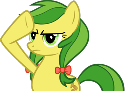 Size: 497x362 | Tagged: safe, artist:nano23823, derpibooru import, apple fritter, earth pony, pony, .svg available, apple family member, base used, bow, eyelashes, female, frown, hair bow, mare, rainbow dash salutes, salute, simple background, solo, svg, transparent background, underhoof, vector