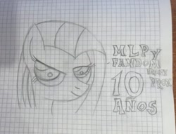 Size: 750x574 | Tagged: safe, derpibooru import, pinkie pie, earth pony, pony, female, graph paper, happy, mlp anniversary, photo, pinkamena diane pie, solo, spanish, traditional art