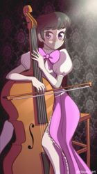 Size: 618x1100 | Tagged: safe, artist:riouku, derpibooru import, octavia melody, equestria girls, bow (instrument), bowtie, cello, clothes, dress, female, musical instrument, side slit, sitting, solo, stool