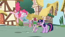 Size: 1280x720 | Tagged: safe, derpibooru import, screencap, pinkie pie, spike, twilight sparkle, unicorn twilight, dragon, earth pony, pony, unicorn, friendship is magic, female, male, mare