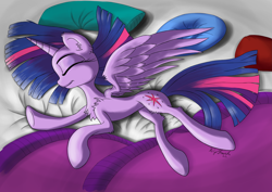 Size: 2841x2008 | Tagged: safe, artist:itchystomach, derpibooru import, twilight sparkle, twilight sparkle (alicorn), alicorn, pony, bed, chest fluff, pillow, solo