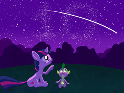 Size: 2732x2048 | Tagged: safe, artist:infinitydash, derpibooru import, spike, twilight sparkle, unicorn twilight, dragon, pony, unicorn, cute, field, mlp fim's tenth anniversary, mountain, night, shooting star, spikabetes, stars, twiabetes