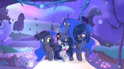 Size: 1024x571 | Tagged: safe, artist:velveagicsentryyt, derpibooru import, princess luna, oc, oc:lunais, oc:moonlight moon, oc:moonlight sonata, alicorn, pony, unicorn, female, filly, mare, offspring, parent:king sombra, parent:princess luna, parents:lumbra