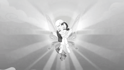 Size: 1280x720 | Tagged: safe, derpibooru import, edit, edited screencap, screencap, rarity, pony, unicorn, sonic rainboom (episode), crepuscular rays, desaturated, eyes closed, flying, glimmer wings, hard hat, solo, sun, weather factory uniform, wings