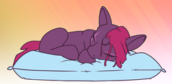 Size: 1400x683 | Tagged: safe, artist:dacaoo, derpibooru import, tempest shadow, pony, unicorn, broken horn, cute, eye scar, eyes closed, female, horn, mare, pillow, scar, sleeping, solo, tempestbetes