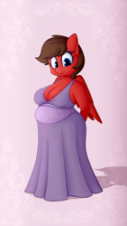 Size: 3240x5760 | Tagged: safe, artist:andelai, derpibooru import, oc, oc:redbow rose, anthro, pegasus, belly, big belly, big breasts, breasts, chubby, cleavage, clothes, dress, fat, pegasus oc, pretty, wings
