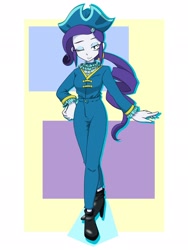 Size: 1536x2048 | Tagged: safe, artist:batipin, derpibooru import, rarity, equestria girls, alternate hairstyle, boots, female, geometric background, hat, high heel boots, navy, one eye closed, shoes, solo, tricorne, wink