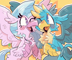Size: 3000x2500 | Tagged: safe, artist:peanutcat62, derpibooru import, gallus, silverstream, classical hippogriff, griffon, hippogriff, blushing, body fluff, chest fluff, cute, diastreamies, ear fluff, female, fluffy, gallabetes, gallstream, high res, hug, interspecies, leg fluff, male, paws, shipping, straight, uncomfortable, wings