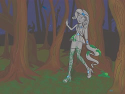 Size: 4000x3000 | Tagged: safe, artist:segiem-nemsen, derpibooru import, rarity, equestria girls, clothes, cute, dark, female, fetish, forest, forest background, frightened, high heels, jewelry, leaves, legs, moss, night, outdoors, petrification, plant, raribetes, shoes, skirt, solo, solo female, statue, vine