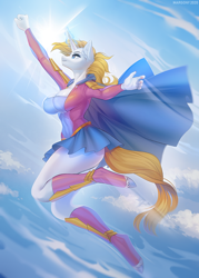 Size: 1000x1400 | Tagged: safe, artist:margony, derpibooru import, oc, oc only, anthro, unguligrade anthro, unicorn, breasts, butt, cape, clothes, commission, digital art, ear fluff, female, flying, glowing horn, horn, magic, skirt, solo, suit, superhero, tail