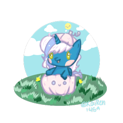 Size: 500x500 | Tagged: safe, artist:kairen1459, derpibooru import, oc, oc:fleurbelle, alicorn, alicorn oc, blushing, chibi, cloud, female, flower, grass, horn, if i fits i sits, mare, pumpkin, sky, wings