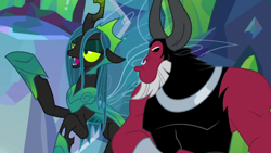 Size: 1920x1080 | Tagged: safe, derpibooru import, screencap, lord tirek, queen chrysalis, centaur, changeling, changeling queen, the ending of the end, duo, female, male, pouty lips, ultimate chrysalis