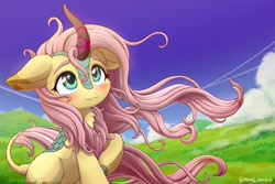 Size: 2400x1600 | Tagged: safe, artist:symbianl, derpibooru import, fluttershy, kirin, :3, blushing, cloud, cloven hooves, colored eartips, cute, female, floppy ears, grass, grass field, hoof fluff, kirin fluttershy, kirin-ified, leonine tail, neck fluff, outdoors, raised hoof, scenery, shyabetes, sitting, sky, smiling, solo, species swap, stray strand, tail fluff, three quarter view, windswept mane