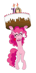 Size: 750x1500 | Tagged: safe, artist:hellarmy, derpibooru import, pinkie pie, earth pony, pony, bipedal, birthday cake, cake, female, food, happy birthday mlp:fim, mare, mlp fim's tenth anniversary, ms paint, simple background, solo, tongue out, transparent background