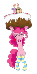 Size: 750x1500 | Tagged: safe, alternate version, artist:hellarmy, derpibooru import, pinkie pie, earth pony, pony, bipedal, birthday cake, cake, clothes, female, food, happy birthday mlp:fim, mare, mlp fim's tenth anniversary, ms paint, simple background, socks, solo, striped socks, thigh highs, tongue out, transparent background