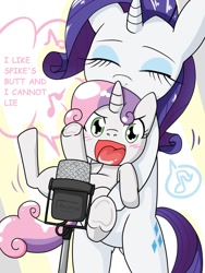 Size: 768x1024 | Tagged: safe, artist:batipin, derpibooru import, edit, rarity, sweetie belle, pony, unicorn, blushing, carrying, female, implied shipping, implied spike, implied spikebelle, implied straight, karaoke, microphone, siblings, singing, sisters