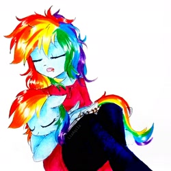 Size: 2122x2122 | Tagged: safe, artist:liaaqila, derpibooru import, rainbow dash, pegasus, pony, equestria girls, cute, dashabetes, folded wings, human ponidox, self ponidox, simple background, sleeping, traditional art, white background, wings