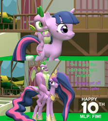 Size: 1920x2160 | Tagged: safe, artist:red4567, derpibooru import, princess twilight 2.0, spike, twilight sparkle, twilight sparkle (alicorn), alicorn, dragon, pony, the last problem, 10, 3d, before and after, dragons riding ponies, duo, gigachad spike, mlp fim's tenth anniversary, older, older spike, ponyville, riding, source filmmaker, time skip, town hall