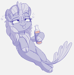 Size: 944x960 | Tagged: safe, artist:heretichesh, derpibooru import, cinder glow, summer flare, kirin, drunk, drunk bubbles, female, happy, hot sauce, lying down, mare, mlem, on back, silly, solo, tail between legs, tongue out