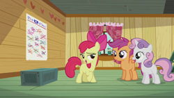 Size: 1280x720 | Tagged: safe, derpibooru import, screencap, apple bloom, scootaloo, sweetie belle, earth pony, pegasus, pony, unicorn, crusaders of the lost mark, clubhouse, crusaders clubhouse, female, filly
