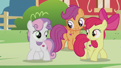 Size: 1280x720 | Tagged: safe, derpibooru import, screencap, apple bloom, scootaloo, sweetie belle, earth pony, pegasus, pony, unicorn, crusaders of the lost mark, butt, cutie mark, female, filly, plot, the cmc's cutie marks