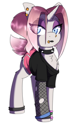 Size: 1604x2740 | Tagged: safe, artist:lockheart, derpibooru import, oc, oc only, oc:claire, pony, unicorn, black lipstick, blue eyes, chest fluff, choker, clothes, ear piercing, eyebrow piercing, eyeshadow, female, fishnet clothing, gym shorts, leg band, lidded eyes, lip piercing, lipstick, looking at you, makeup, mare, nose piercing, pastel goth, piercing, shirt, shorts, side slit, simple background, solo, spiked choker, white background, wristband