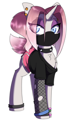 Size: 1604x2740 | Tagged: safe, alternate version, artist:lockheart, derpibooru import, oc, oc only, oc:claire, pony, unicorn, black lipstick, blue eyes, chest fluff, choker, clothes, ear piercing, eyebrow piercing, eyeshadow, face mask, female, fishnet clothing, gym shorts, leg band, lidded eyes, lipstick, looking at you, makeup, mare, mask, pastel goth, piercing, shirt, shorts, side slit, simple background, solo, spiked choker, white background, wristband