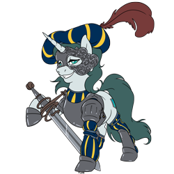 Size: 3000x3000 | Tagged: safe, artist:floots, derpibooru import, oc, oc only, oc:aquaria lance, unicorn, armor, clothes, costume, halloween, halloween costume, mask, simple background, solo, sword, transparent background, weapon