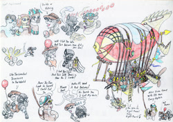 Size: 2915x2058 | Tagged: safe, artist:grimmyweirdy, derpibooru import, oc, oc:glyph, oc:grim w. stripes, oc:mivera, pegasus, pony, zebra, comic:grims weird adventures, airship, ball, balloon, bottle, couple, desk, hat, headwrap, hijab, safari hat, sailor, shaman, shopkeeper, spirits, tattoo, throwing, traditional art