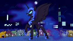 Size: 3840x2160 | Tagged: safe, artist:moonatik, derpibooru import, maud pie, nightmare moon, pinkie pie, oc, oc:anneal, oc:midnight dew, alicorn, bat pony, earth pony, pegasus, pony, unicorn, alternate hairstyle, alternate timeline, alternate universe, armor, building, celestia in the moon, city, cloud, crowd, ethereal mane, female, flag, implied princess celestia, male, mane bun, mare, mare in the moon, mlp fim's tenth anniversary, moon, night, nightmare takeover timeline, spread wings, stage, stallion, stars, talking, unnamed oc, wings