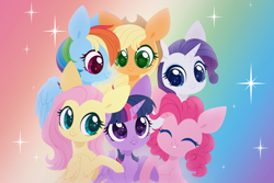 Size: 4000x2674 | Tagged: safe, artist:belka-sempai, derpibooru import, applejack, fluttershy, pinkie pie, rainbow dash, rarity, twilight sparkle, twilight sparkle (alicorn), alicorn, earth pony, pegasus, pony, unicorn, abstract background, anniversary, bust, chest fluff, colored pupils, cute, elbow fluff, eyes closed, female, folded wings, group hug, happy anniversary, happy birthday mlp:fim, high res, hug, mane six, mare, mlp fim's tenth anniversary, profile, rainbow background, smiling, sparkles, wings