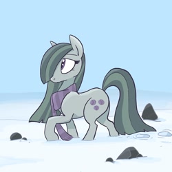 Size: 2048x2048 | Tagged: safe, artist:pfeffaroo, derpibooru import, marble pie, earth pony, pony, clothes, female, hair over one eye, high res, looking away, looking up, mare, outdoors, profile, raised hoof, rock, rock farm, scarf, snow, solo, winter
