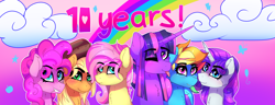 Size: 3840x1482 | Tagged: safe, artist:aaa-its-spook, derpibooru import, applejack, fluttershy, pinkie pie, rainbow dash, rarity, twilight sparkle, earth pony, pegasus, pony, unicorn, happy anniversary, mane six, mlp fim's tenth anniversary, tongue out