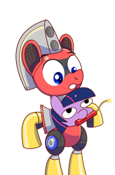 Size: 1280x1947 | Tagged: safe, artist:trackheadtherobopony, derpibooru import, twilight sparkle, oc, oc:trackhead, pony, robot, robot pony, explosives, i can't believe it's not jargon scott, simple background, this will end in explosions, tnt, transparent background, twiggie