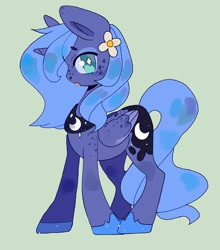 Size: 1408x1600 | Tagged: safe, artist:kurochaann, derpibooru import, princess luna, alicorn, pony, cute, female, flower, flower in hair, freckles, green background, hoof shoes, looking at you, lunabetes, mare, open mouth, profile, s1 luna, simple background, solo